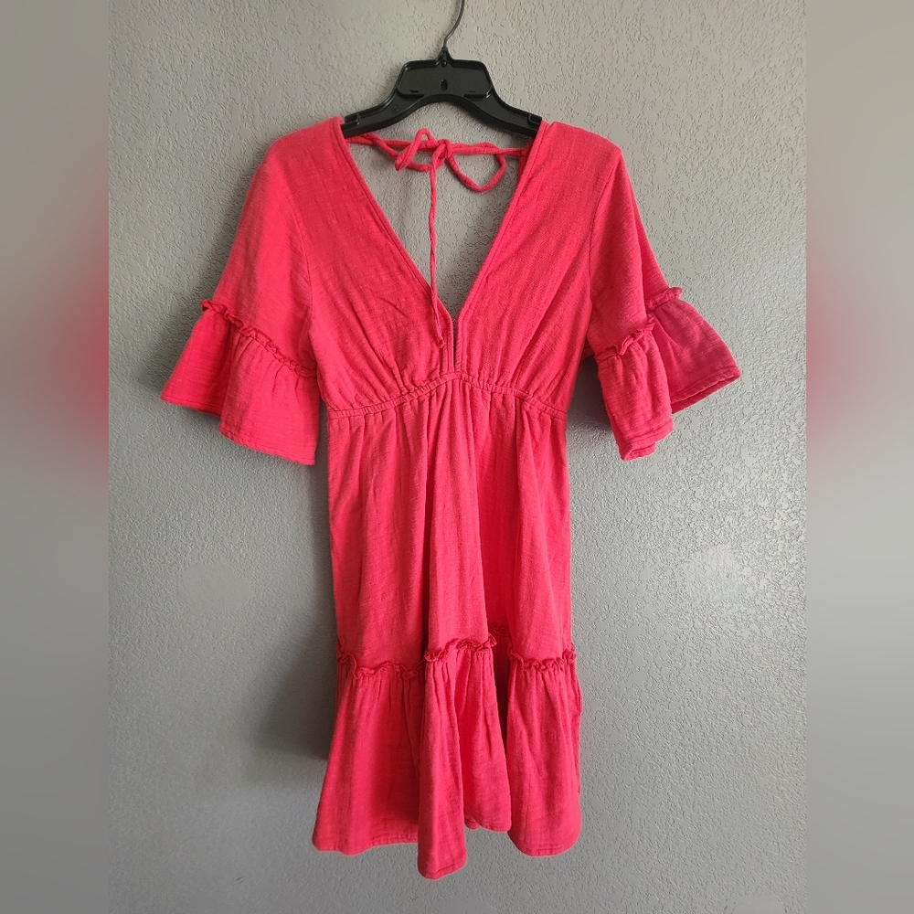 BILLABONG X Sincerely Jules Soft Red Ruffle Lovers Wish Gauzy Dress Deep-Back M